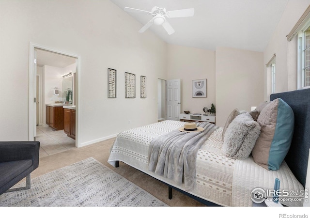3882 W 118th Pl, Westminster, CO 80031 - bedroom with light carpet, high vaulted ceiling, ensuite bathroom, and ceiling fan