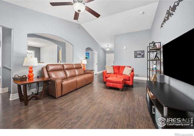 2302 74th Ave, Greeley, CO 80634 - living room with wood finished floors, ceiling fan, vaulted ceiling, and arched walkways