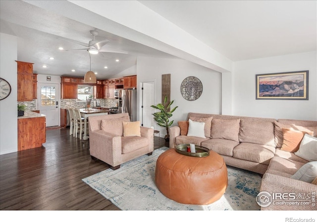 3367 Badger Creek Rd, Hartsel, CO 80449 - living room featuring lofted ceiling, dark wood-style flooring, a ceiling fan, and recessed lighting