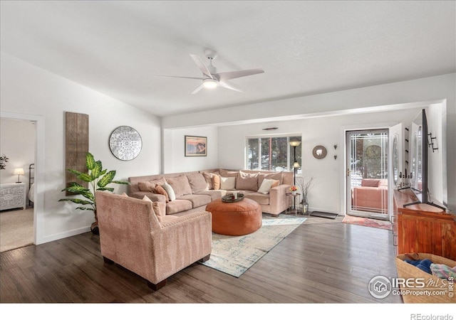 3367 Badger Creek Rd, Hartsel, CO 80449 - living room with dark wood finished floors, healthy amount of natural light, a ceiling fan, and lofted ceiling
