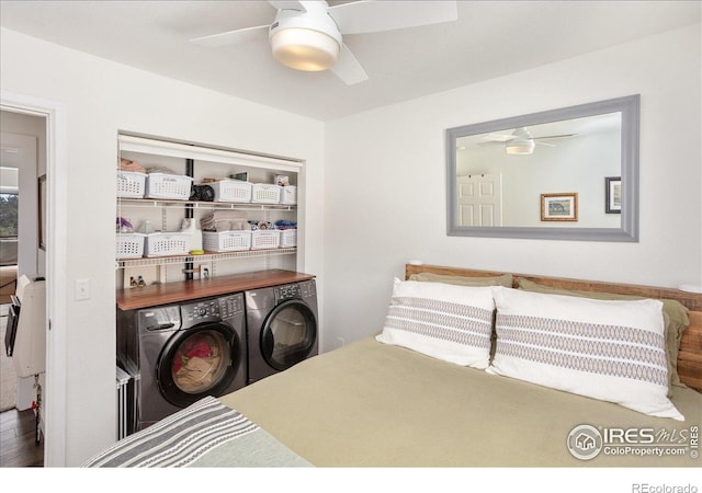 3367 Badger Creek Rd, Hartsel, CO 80449 - bedroom with washing machine and dryer, ceiling fan, and wood finished floors