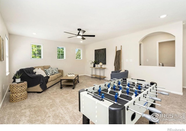 2262 Harvest St, Fort Collins, CO 80528 - recreation room featuring carpet flooring, ceiling fan, and recessed lighting