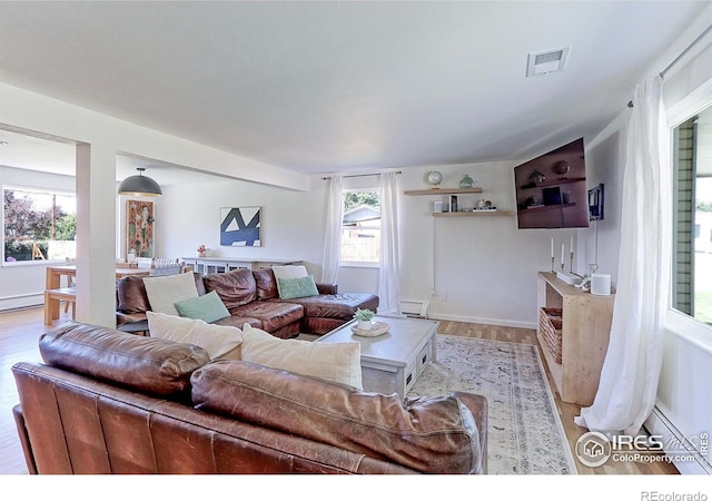11230 W 77th Dr, Arvada, CO 80005 - living area featuring light wood-type flooring and baseboard heating
