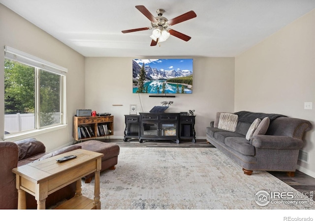 1705 Wales Dr, Berthoud, CO 80513 - living room featuring wood finished floors and ceiling fan