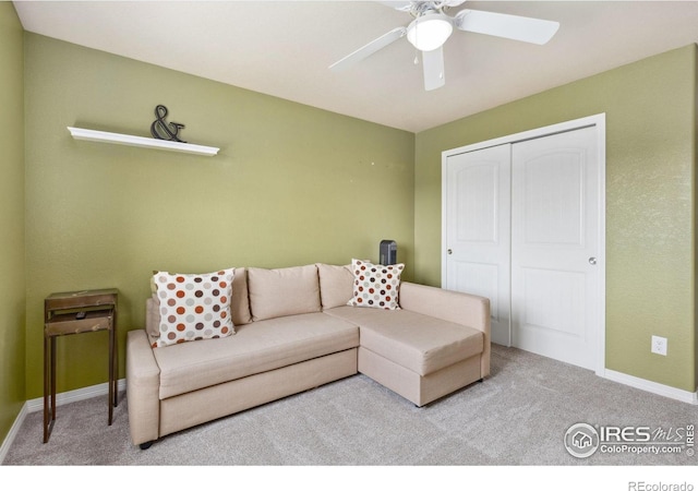 1705 Wales Dr, Berthoud, CO 80513 - carpeted living area with ceiling fan and baseboards