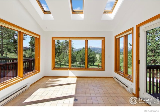 2160 Devils Gulch Rd, Estes Park, CO 80517 - unfurnished sunroom with a baseboard radiator, vaulted ceiling, a skylight, and plenty of natural light