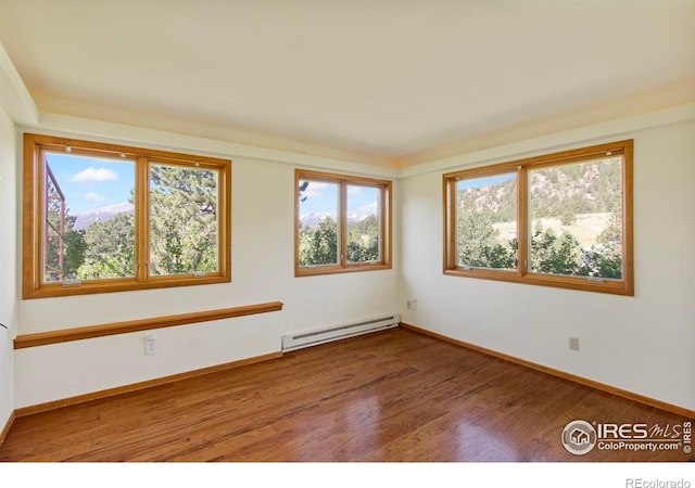 2160 Devils Gulch Rd, Estes Park, CO 80517 - empty room with a baseboard radiator, plenty of natural light, and wood finished floors