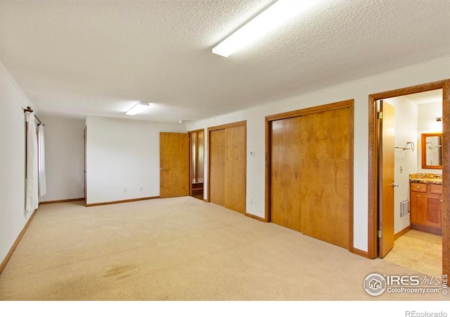 2160 Devils Gulch Rd, Estes Park, CO 80517 - unfurnished bedroom featuring light colored carpet, two closets, ensuite bathroom, and a textured ceiling