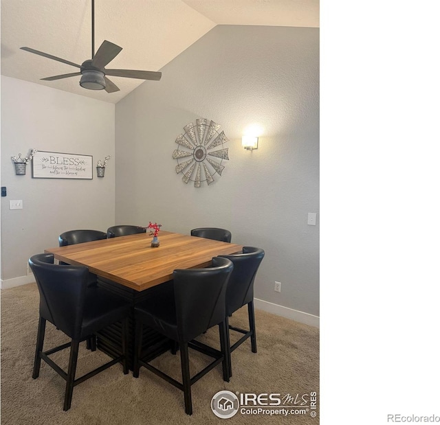 1460 Hawkridge Rd, Eaton, CO 80615 - dining area with a ceiling fan, vaulted ceiling, and light carpet