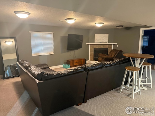 1460 Hawkridge Rd, Eaton, CO 80615 - living area featuring carpet flooring, a textured ceiling, and a fireplace