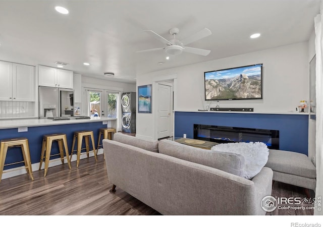 7131 Pontiac St, Commerce City, CO 80022 - living room featuring recessed lighting, dark wood-style floors, ceiling fan, and french doors