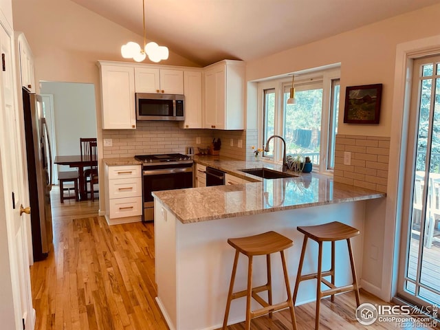 4303 30th St, Boulder, CO 80301 - kitchen featuring stainless steel appliances, a peninsula, lofted ceiling, light stone counters, and tasteful backsplash