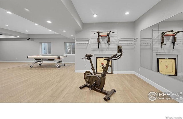 2861 Shoshone Trl, Lafayette, CO 80026 - exercise room featuring wood finished floors and recessed lighting
