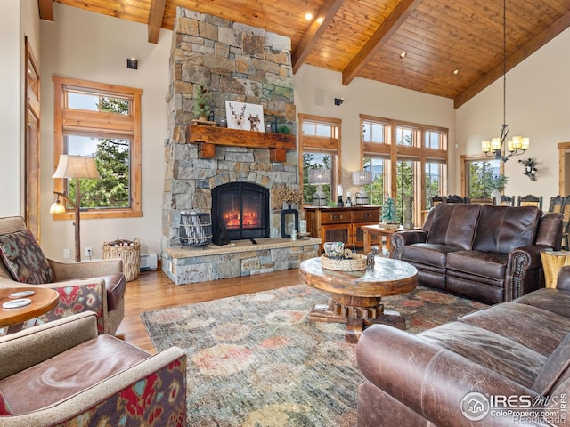 3411 Hillcrest Ln, Estes Park, CO 80517 - living area featuring a wooden ceiling with exposed beams, high vaulted ceiling, a chandelier, wood finished floors, and a fireplace