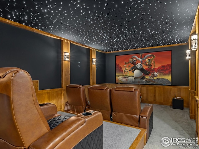 3411 Hillcrest Ln, Estes Park, CO 80517 - home theater with a wainscoted wall, carpet floors, and wood walls