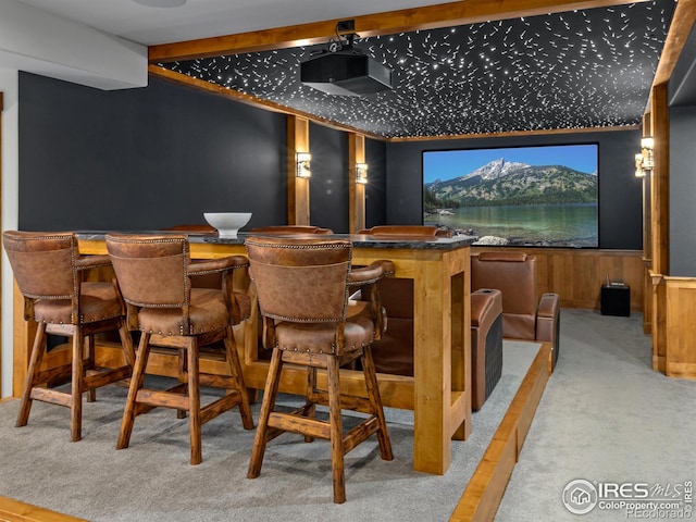 3411 Hillcrest Ln, Estes Park, CO 80517 - carpeted home theater with a dry bar and a wainscoted wall