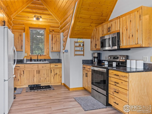 3411 Hillcrest Ln, Estes Park, CO 80517 - kitchen with appliances with stainless steel finishes, wood ceiling, vaulted ceiling, light wood finished floors, and dark countertops
