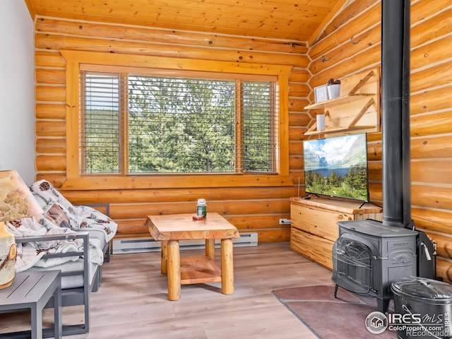 3411 Hillcrest Ln, Estes Park, CO 80517 - living area with a wood stove, light wood-style floors, rustic walls, and wooden ceiling