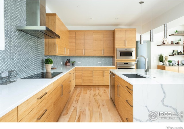 514 Granite Dr, Boulder, CO 80302 - kitchen featuring wall chimney range hood, open shelves, stainless steel appliances, light wood-style flooring, and tasteful backsplash