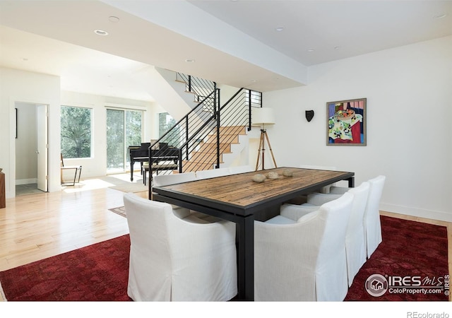 514 Granite Dr, Boulder, CO 80302 - dining room featuring stairway, wood finished floors, and recessed lighting