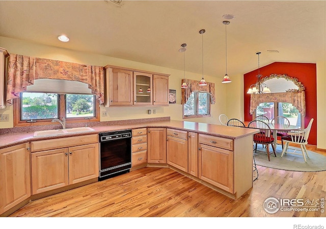 1357 43rd Ave Unit 60, Greeley, CO 80634 - kitchen with dishwasher, light wood-type flooring, light brown cabinets, healthy amount of natural light, and vaulted ceiling
