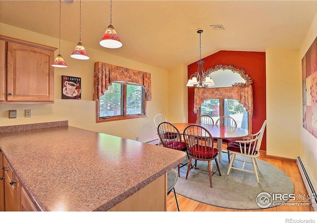 1357 43rd Ave Unit 60, Greeley, CO 80634 - dining room with a baseboard radiator, healthy amount of natural light, a chandelier, light wood finished floors, and vaulted ceiling