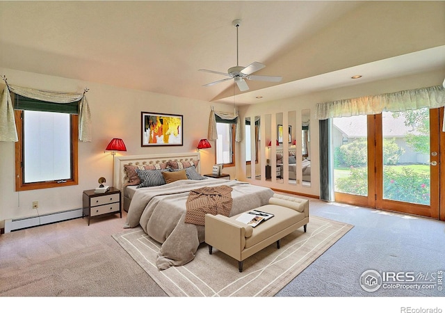 1357 43rd Ave Unit 60, Greeley, CO 80634 - bedroom with carpet floors, access to exterior, a baseboard radiator, a ceiling fan, and recessed lighting
