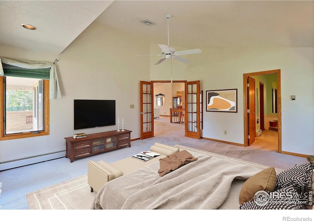 1357 43rd Ave Unit 60, Greeley, CO 80634 - living area with french doors, light carpet, a baseboard radiator, ceiling fan, and high vaulted ceiling