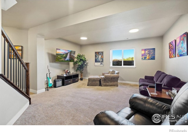 2772 Vallecito St, Timnath, CO 80547 - carpeted living area featuring stairway and recessed lighting