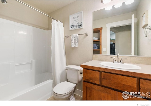 83 Evans St, Severance, CO 80550 - full bath featuring vanity, shower / tub combo with curtain, and backsplash
