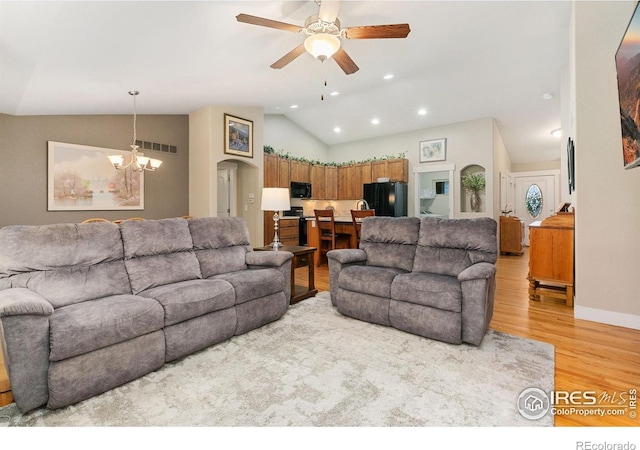 83 Evans St, Severance, CO 80550 - living area featuring light wood-style flooring, vaulted ceiling, recessed lighting, a chandelier, and ceiling fan