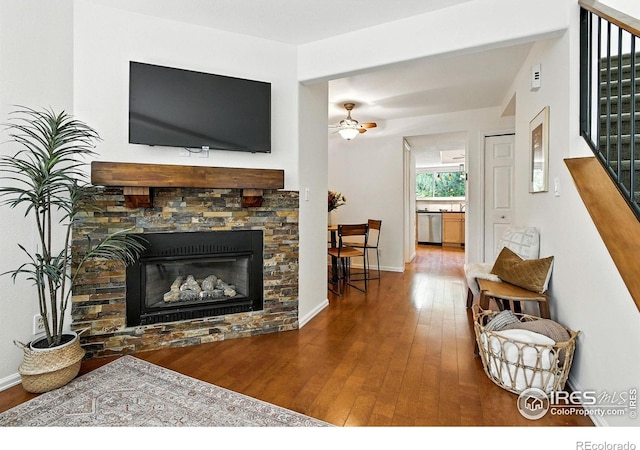 770 Quince Cir, Boulder, CO 80304 - living area featuring wood finished floors, a fireplace, and ceiling fan