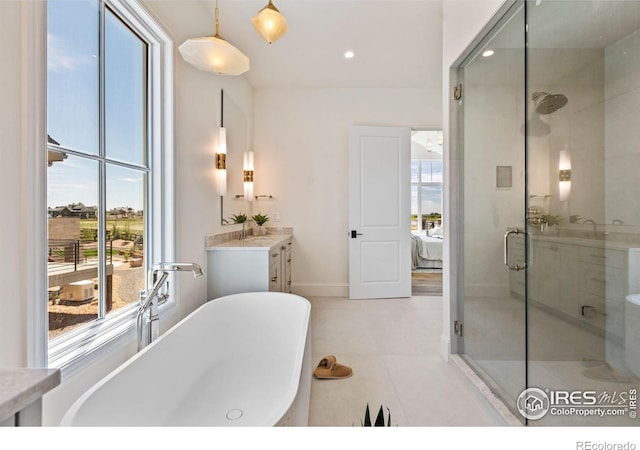 2568 Southwind Rd, Berthoud, CO 80513 - full bathroom featuring plenty of natural light, a stall shower, a freestanding bath, vanity, and recessed lighting