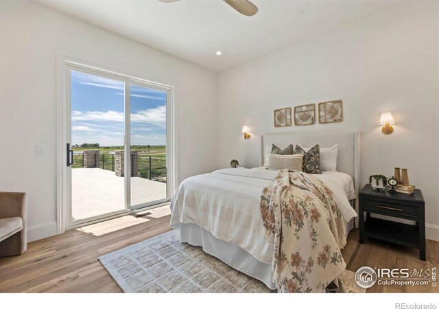 2568 Southwind Rd, Berthoud, CO 80513 - bedroom featuring access to exterior, wood finished floors, recessed lighting, and a ceiling fan