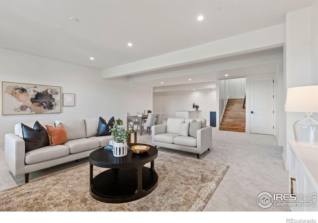 2568 Southwind Rd, Berthoud, CO 80513 - living area featuring stairway, recessed lighting, and carpet floors