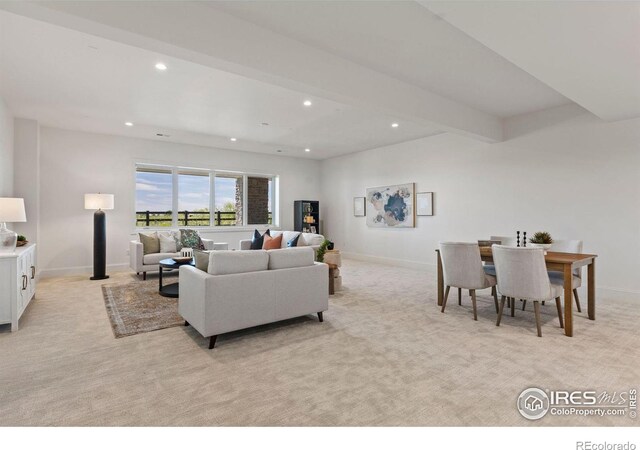 2568 Southwind Rd, Berthoud, CO 80513 - living room with light carpet, recessed lighting, and beam ceiling