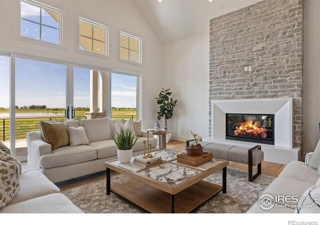 2568 Southwind Rd, Berthoud, CO 80513 - living area featuring wood finished floors, high vaulted ceiling, and a fireplace