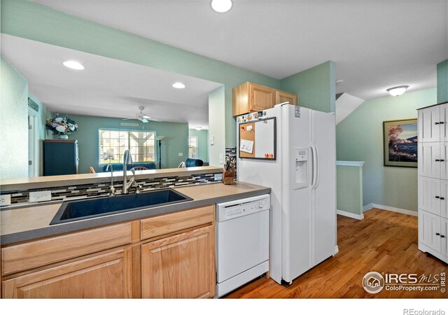 1014 Andrews Peak Dr Unit D112, Fort Collins, CO 80521 - kitchen featuring white appliances, recessed lighting, light wood-style floors, ceiling fan, and light brown cabinets