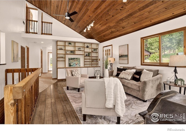 144 Coyote Ct, Boulder, CO 80302 - living room with wooden ceiling, wood-type flooring, vaulted ceiling, and a ceiling fan