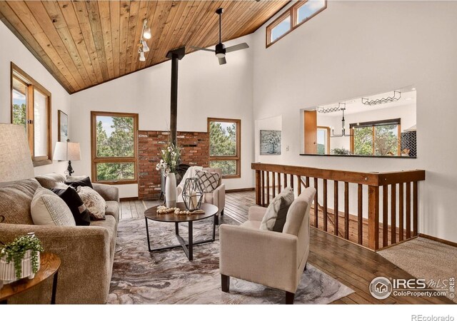 144 Coyote Ct, Boulder, CO 80302 - living room featuring wooden ceiling, healthy amount of natural light, high vaulted ceiling, and hardwood / wood-style flooring