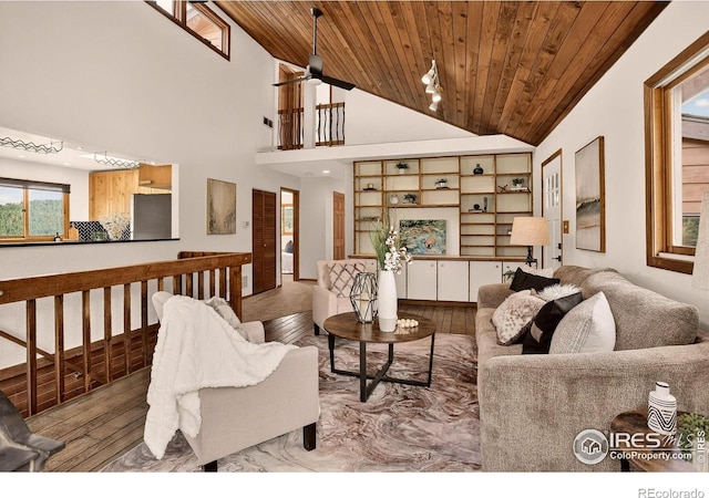 144 Coyote Ct, Boulder, CO 80302 - living area featuring hardwood / wood-style floors, wooden ceiling, and high vaulted ceiling