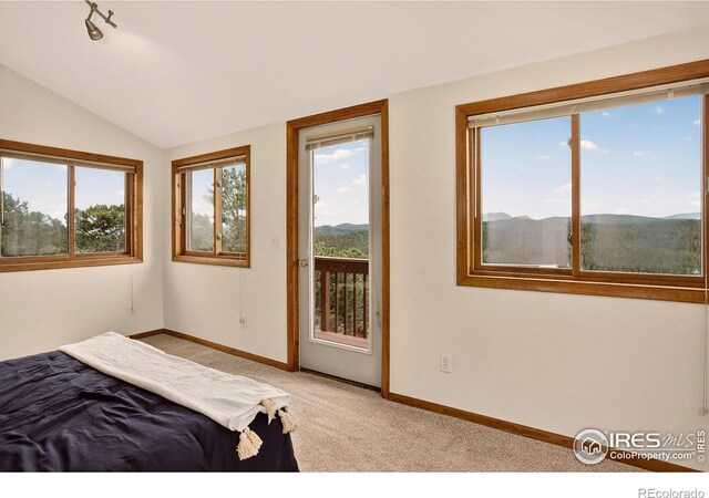 144 Coyote Ct, Boulder, CO 80302 - bedroom with access to outside, vaulted ceiling, light carpet, and a mountain view