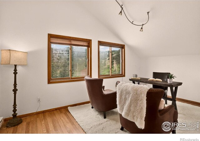 144 Coyote Ct, Boulder, CO 80302 - home office featuring lofted ceiling and wood finished floors