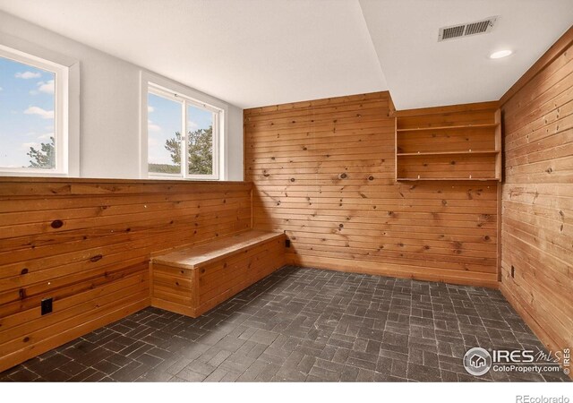 144 Coyote Ct, Boulder, CO 80302 - unfurnished room featuring wood walls, plenty of natural light, brick patterned flooring, and a relaxing sauna
