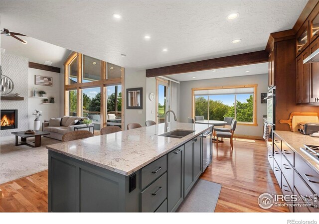 37044 Soaring Eagle Cir, Severance, CO 80550 - kitchen with light wood-style flooring, open floor plan, a kitchen island with sink, recessed lighting, and a fireplace