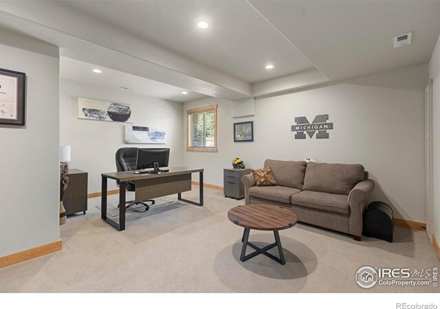 37044 Soaring Eagle Cir, Severance, CO 80550 - home office with light colored carpet and recessed lighting