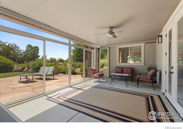 37044 Soaring Eagle Cir, Severance, CO 80550 - sunroom / solarium with a ceiling fan, carpet, and an outdoor hangout area