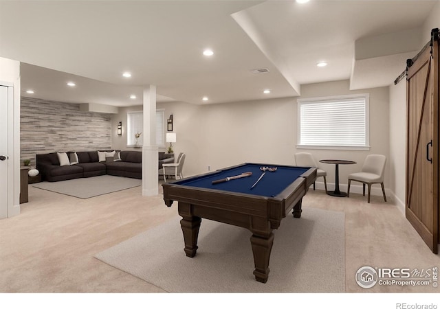 3290 Discovery Ct, Broomfield, CO 80023 - playroom with a barn door, light colored carpet, recessed lighting, and billiards table