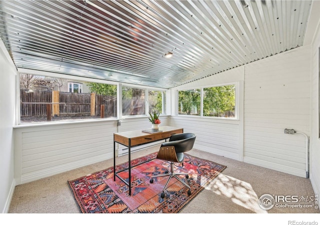 951 Vetch Cir, Lafayette, CO 80026 - home office with carpet, wooden walls, and lofted ceiling