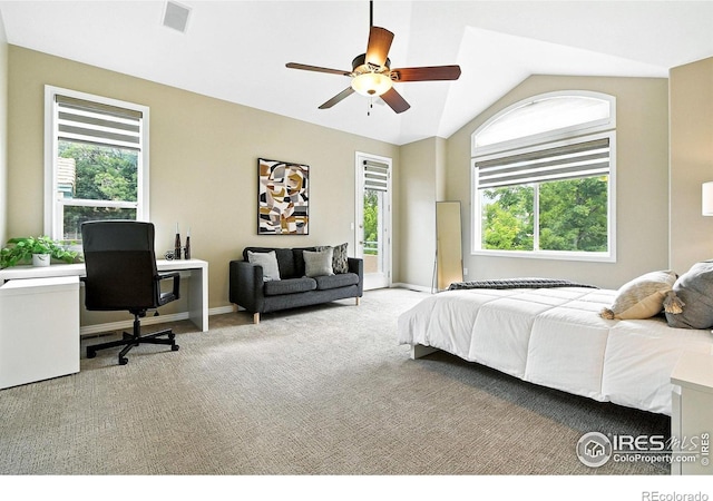 4332 Clay Commons Ct, Boulder, CO 80303 - carpeted bedroom featuring access to outside, an office area, lofted ceiling, and a ceiling fan